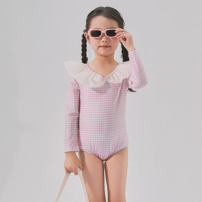 Wholesale Children's Swimsuit Girls Children's Polyester Ruffled Collar Plaid Long Sleeve Sunscreen Swimsuit Hot Spring