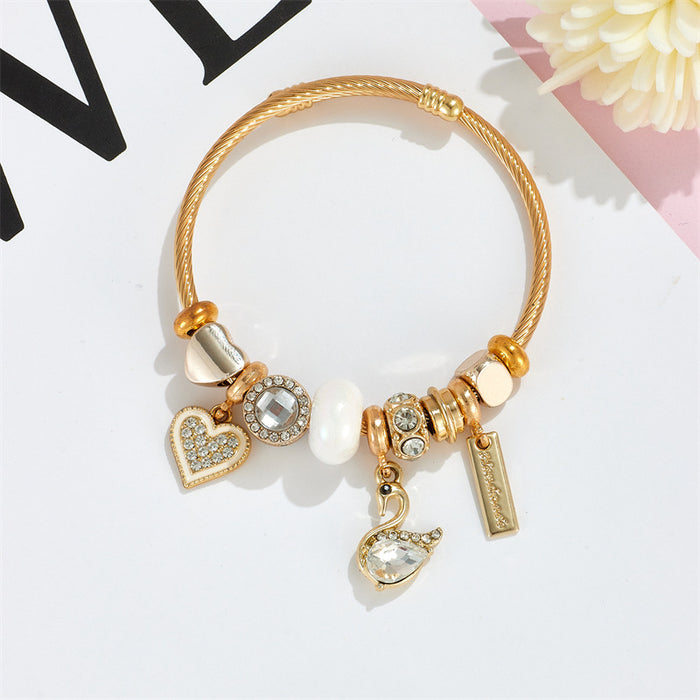 Wholesale Black Electroplated Stainless Steel Rhinestone Swan Charm Bracelet for Women Trendy Gift