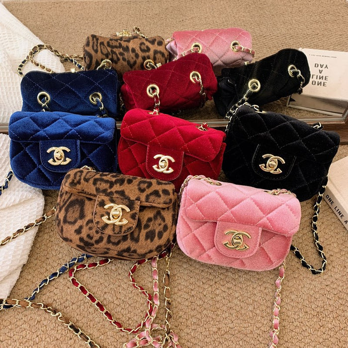 Wholesale Little -style chain crossbody bag,  versatile diamond-patterned leopard print velvet small coin purse for children and babies