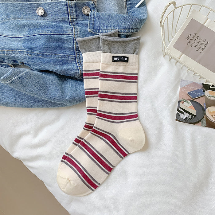 Wholesale Striped socks, mid tube, double ribbed, color blocked fabric, label pile socks, versatile long tube cotton socks