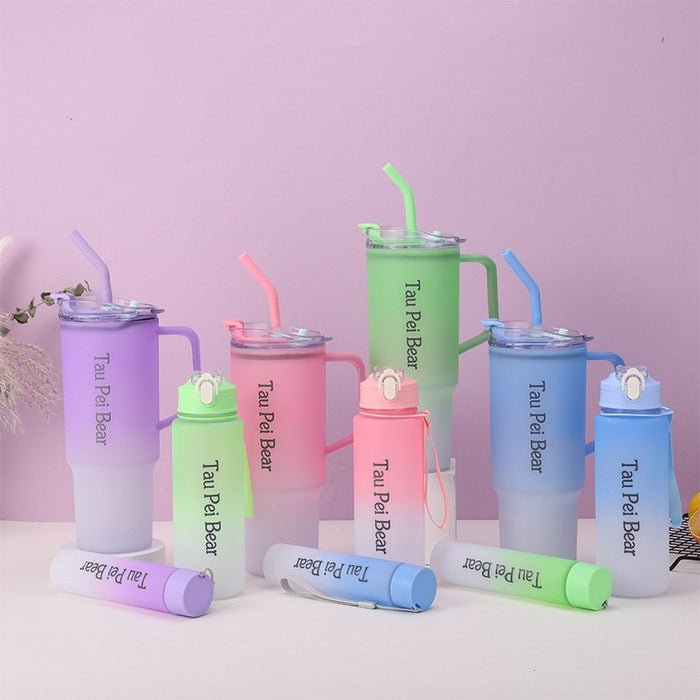 Wholesale Three-piece gradient color large capacity portable straw plastic cup set