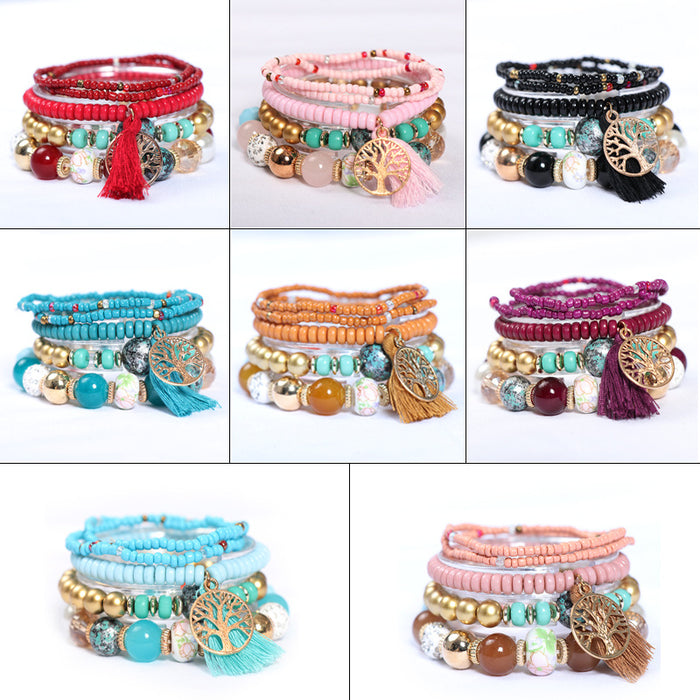 Wholesale Bohemian Tree of Life Tassel Multilayer Rice Bead Bracelet JDC-BT-NHong014