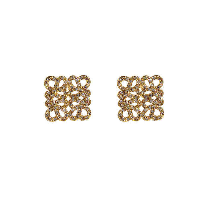 Wholesale 18K gold-plated copper square stud earrings with zircon openwork design
