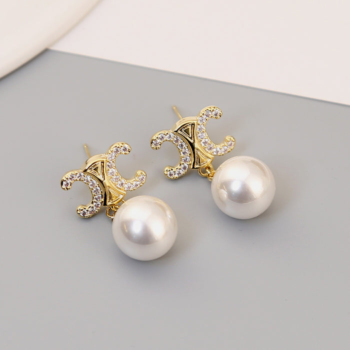 Wholesale New Arc de Triomphe Zircon Pearl Pendant Earrings, Light Luxury, High Grade Silver Needle Earrings, Versatile Charm Earrings