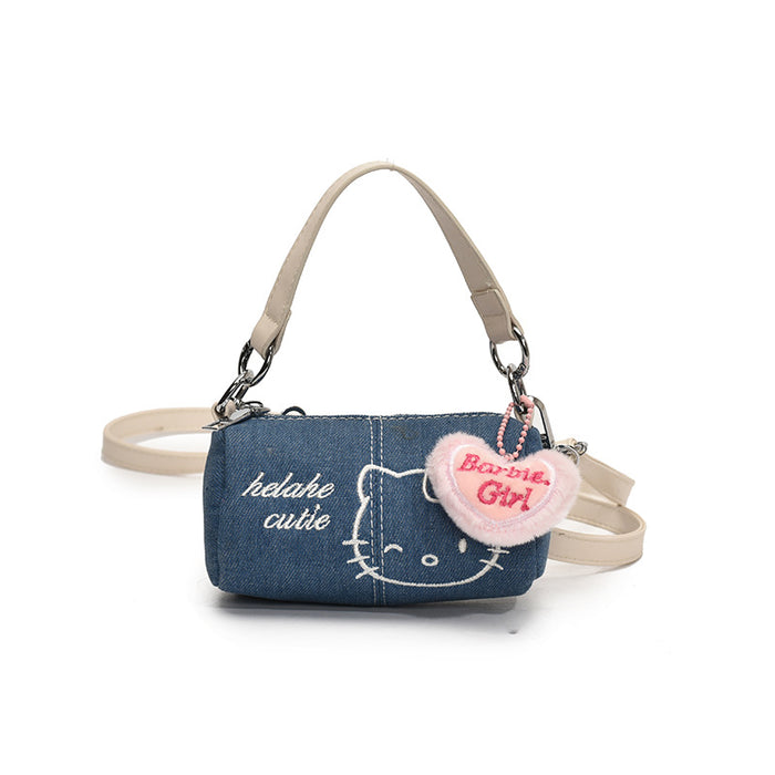 Wholesale Denim Canvas Embroidered Bag  Cute Mobile Phone Bag Crossbody Cylinder Bag