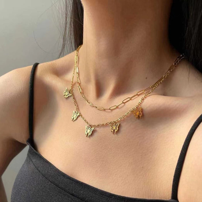 Wholesale Fashion and personalized double layered necklace with alloy butterfly thick chain pendant for accessories