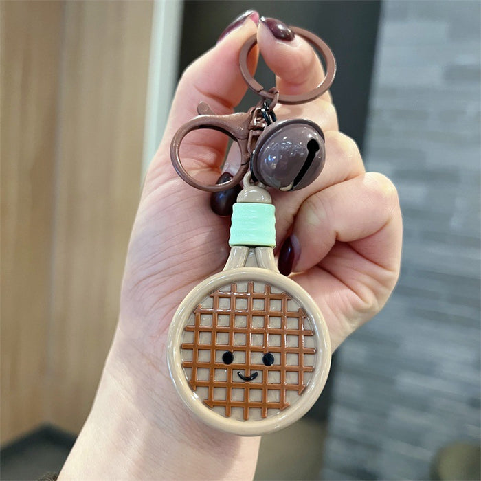 Wholesale 5 PCS Cute PVC cartoon colorful tennis racket keychains with bell