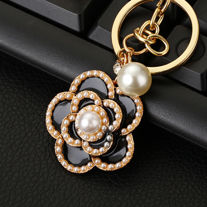Wholesale Camellia car keychain pendant, metal keychain ring, diamond inlaid pearl rose pendant