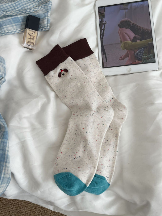 Wholesale Boneless dotted yarn cotton socks, color blocked embroidery, mid tube pile socks, cute