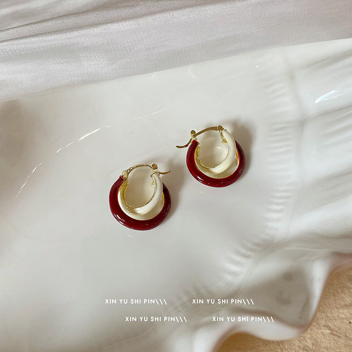 Wholesale Vintage wine red contrasting earrings, niche design, high-end temperament, fashionable personality, versatile earrings