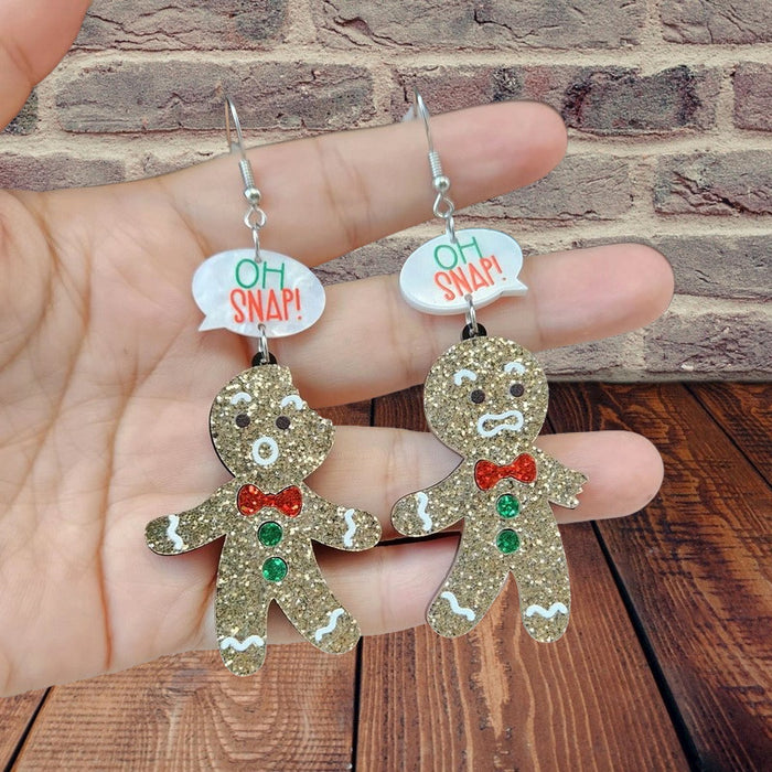 Wholesale Christmas Acrylic Bitten Off Conversation Glitter Gingerbread Man Earrings JDC-ES-Qiany002