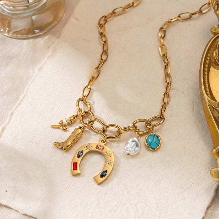 Wholesale Vintage Stainless Steel Gold-Plated Turquoise Necklace