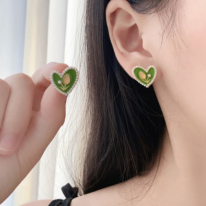 Wholesale Tulip love pearl earrings fashion avocado green jewelry