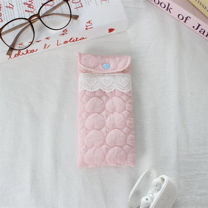 Wholesale Quilted Heart Pattern Glasses Pouch Soft Light Blue Polyester Eyeglass Case With Flap Travel Storage Bag For Sunglasses