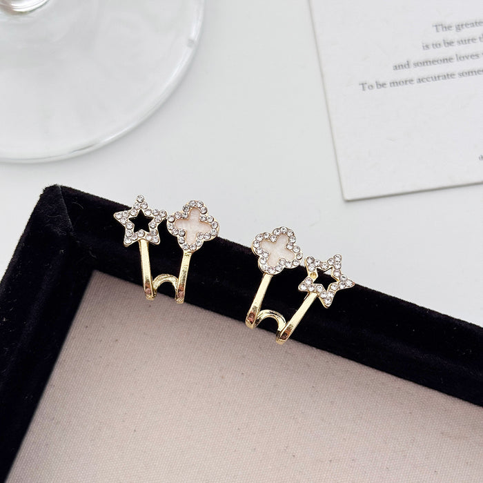 Wholesale Silver Needle Exquisite Four Leaf Petal Earrings with Water Diamond Pentagram Earrings, Fashionable and Personalized Small Earrings Wholesale