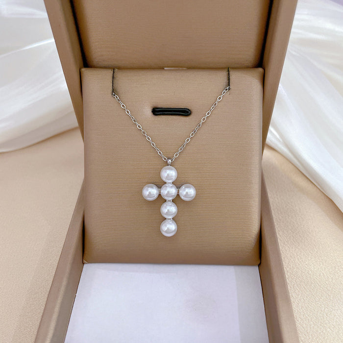 Wholesale Pearl Cross Titanium Steel Necklace JDC-NE-LiGe012