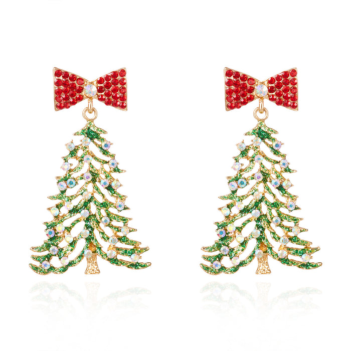 Wholesale Red Bow Rhinestone Christmas Tree Earrings Alloy Fashion Accessory Gift
