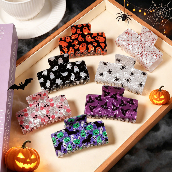 Wholesale Acrylic Hair Claw Clip For Women Ghost Skull Print Orange Black