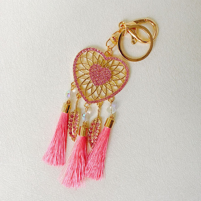 Wholesale Pink Dream Catcher Keychain Rhinestone Tassel Feather Zinc Alloy Chic Gift MOQ≥12