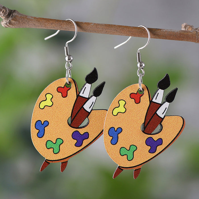Wholesale Back-to-school Season Opening Season Brush Color Pendant Wooden Double-sided Earrings Teacher' s Day Gift