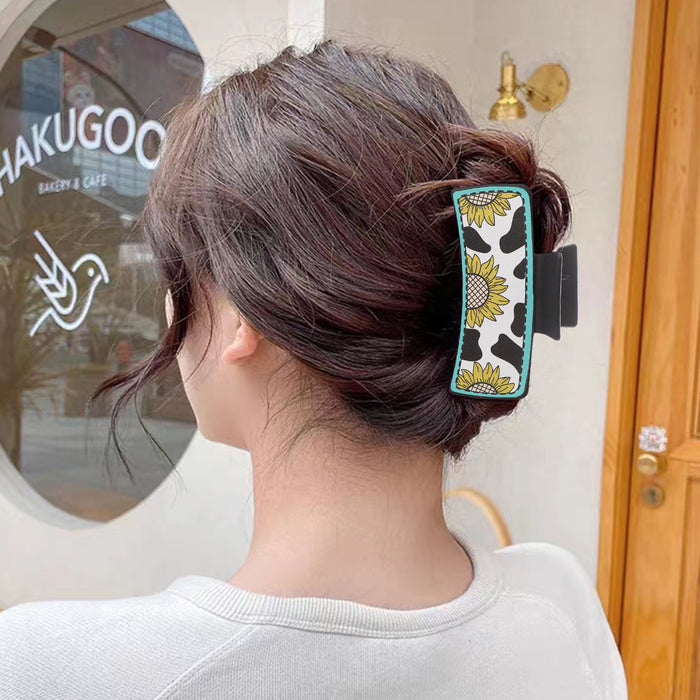 Wholesale Western Cowboy Style Sunflower Cow Pattern Leather Women' s Hairpin Grabber Shark Clip Hair Accessories Clip