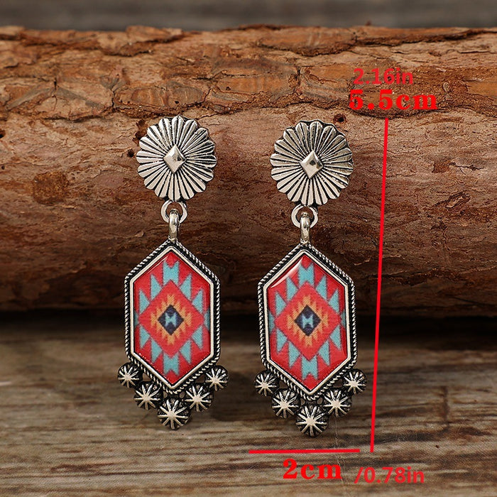 Wholesale Geometric printing diamond pattern tassel alloy earrings