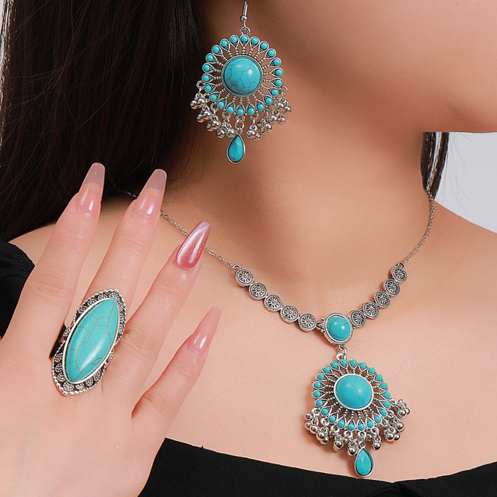 Wholesale Turquoise Necklace Set with Earrings Plant Flower Pattern Layering Jewelry MOQ≥3