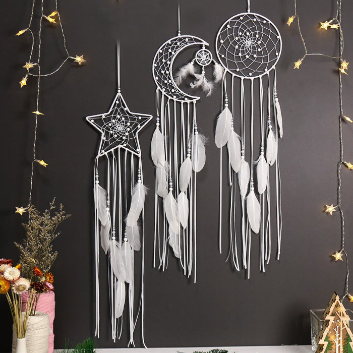 Wholesale Star Moon Dream Catcher Set Pink Hoop Feather Wall Hanging