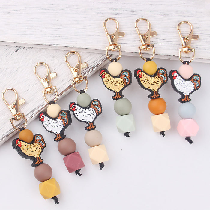 Wholesale Santa Cartoon Rooster Silicone Beaded Keychain JDC-KC-GuangTian031