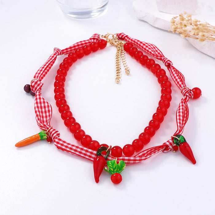 Wholesale beaded rope alloy glass three-dimensional fruit pendant necklace
