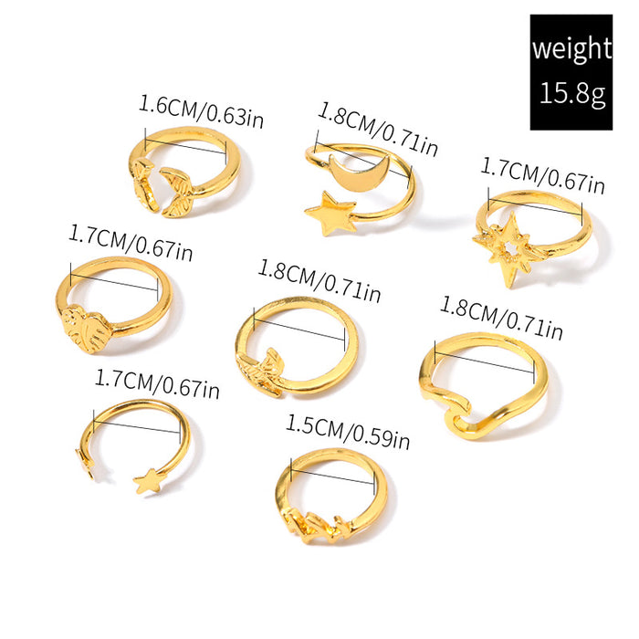 Wholesale Exaggerated alloy rings with accessories, 8 personalized star moon rings, heart-shaped layered rings