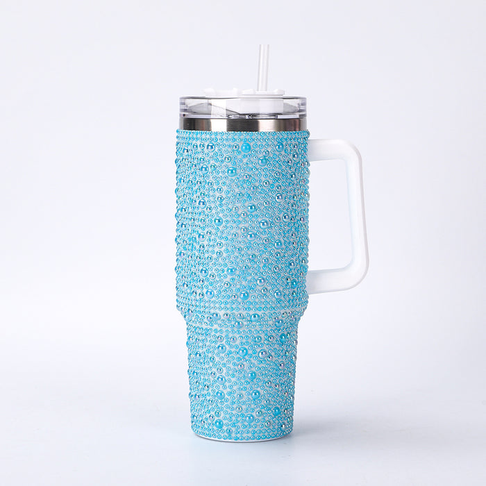 Wholesale Stainless steel pearl insulation cup,  large capacity,  pearl inlaid car cup,  40oz handle,  straw sticker,  diamond ice cup