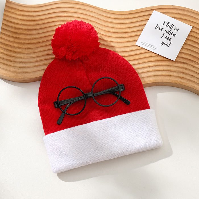 Wholesale  Hat Woolen Christmas Knitted Hat Red and White Christmas Hat Fur Ball Knitted Hat Red and White Hat Glasses