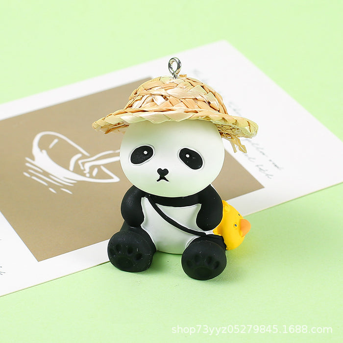 Wholesale Resin panda Friends series Creative straw hat panda Keychain Car schoolbag
