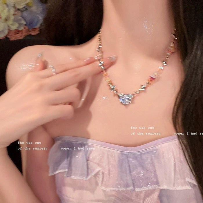 Wholesale Colorful crushed stone heart necklace, light luxury niche collarbone chain accessory