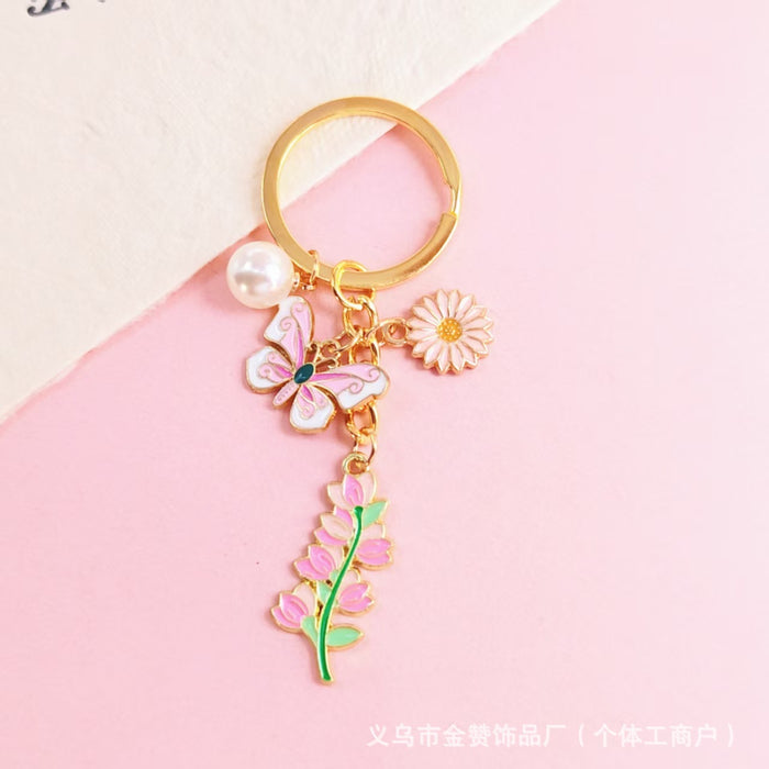 Wholesale Butterfly Flower Keychain Mother' s Day Metal Bag Pendant Exquisite High-end Pearl Flower Gift