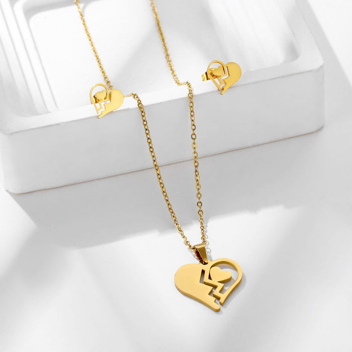 Wholesale Heart shaped heart-shaped stainless steel necklace earring set, fashionable and personalized jewelry set