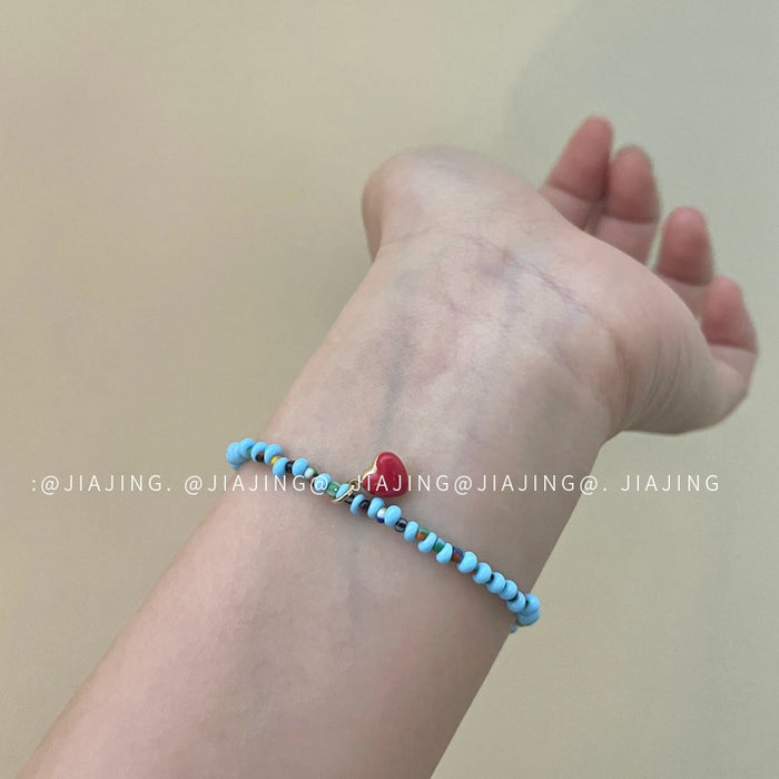 Wholesale Blue bead red heart bracelet, new bracelet with niche design and temperament