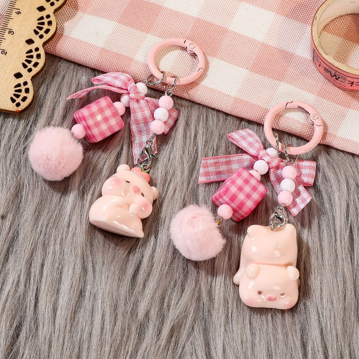 Wholesale Handmade Beaded Pig Keychain Colorful Plush Square Charm Cute Car Key Accessory