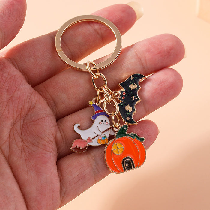 Wholesale Cute Metal Keychain With Witch Ghost Pumpkin Bat Web Design Car Key Accessory Gift