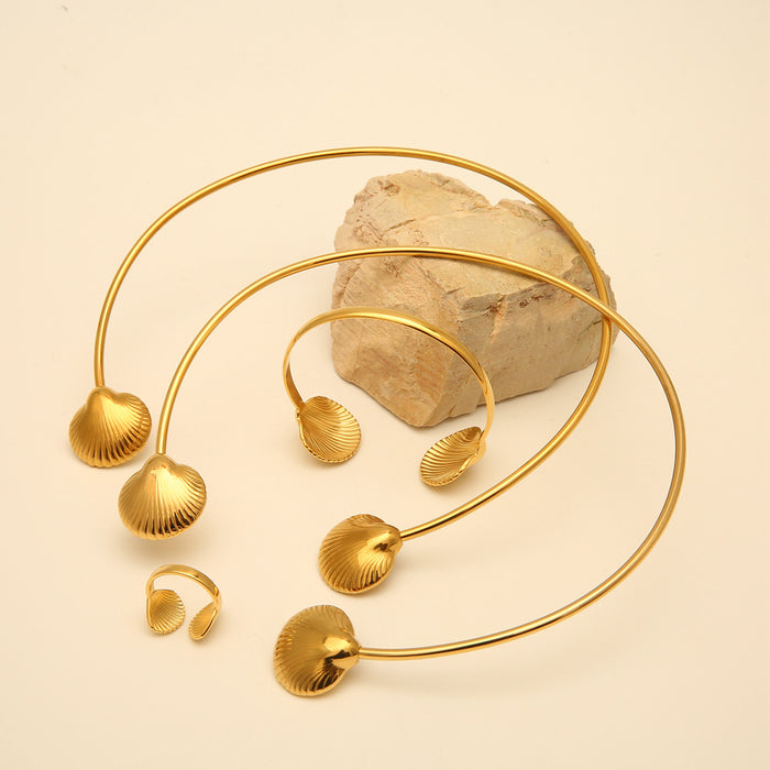 Wholesale Fashion stainless steel scallop simple collar bracelet shell titanium steel open ring set