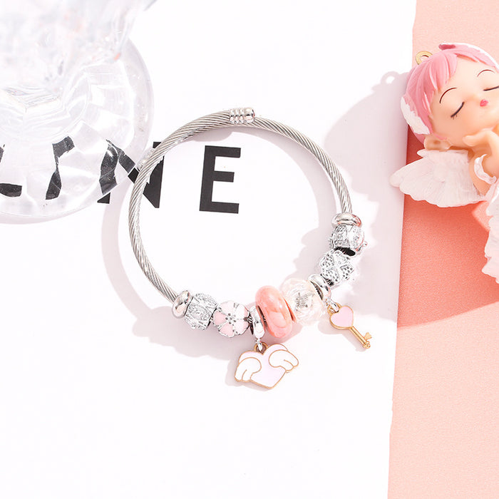 Wholesale Stainless Steel Adjustable Beaded Bracelet with Angel Wing Pendant for Party Jewelry