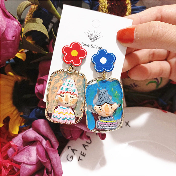 Wholesale Doll Ethnic Style Funny Windowsill Men Women Hand-painted Color Cartoon Earrings Women