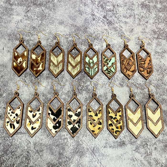 Wholesale Leopard print cow pattern genuine leather earrings Western geometric inlaid earrings hollow earrings