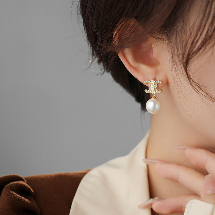 Wholesale New Arc de Triomphe Zircon Pearl Pendant Earrings, Light Luxury, High Grade Silver Needle Earrings, Versatile Charm Earrings