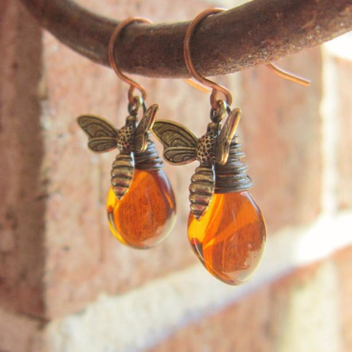 Wholesale Vintage Honeybee Droplet Earrings, Popular Droplet Amber Exaggerated Earrings, Jewelry