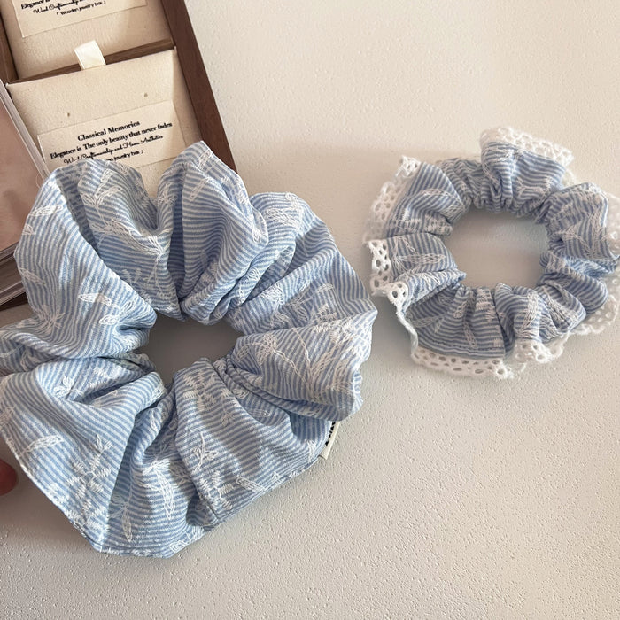Wholesale Fresh blue striped embroidery floral lace lace hair loop hair tie hair accessory