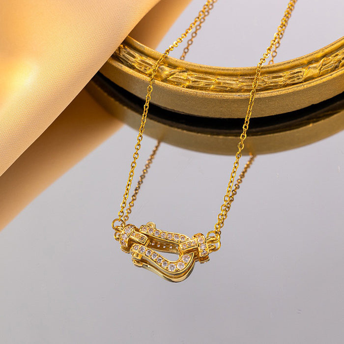 Wholesale Trendy Horseshoe Zircon Necklace Set Copper Inlay Titanium Steel Chain Jewelry MOQ≥2