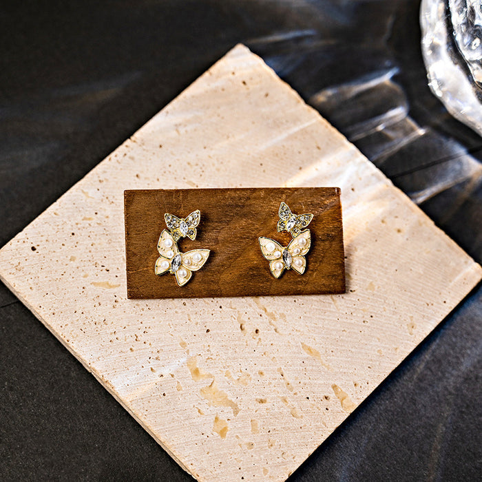 Wholesale Silver Butterfly Tassel Earrings High-end Earrings Elegant Diamond Pearl Long Earrings