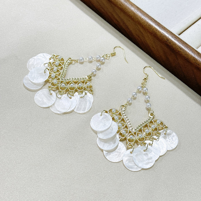 Wholesale Vintage shell pearl tassel earrings, exaggerated, luxurious, high-end, niche earrings